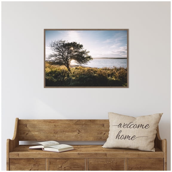 Kate and Laurel Coastal Serene Sunset Tree Landscape Framed Canvas Wall Art  by Patricia Rae 33 x 23 Sylvie Walnut, Coastal, Landscapes, Nature Art for Wall Decor, Living Room Bedroom
