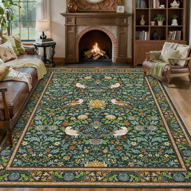 Garvee 8'x10' Floral Animal Print Area Rug Washable Rugs, Low Pile Stain Resistant Rug Botanical Bird Soft Carpet for Living Room Bedroom Dining Room, Green