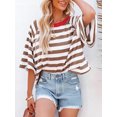 thumbnail image 4 of Yunliwuli Women Short Sleeve T-Shirts Stripe Contrast Color Round Neck Shirts Summer Casual Loose Fit Tops Streetwear, 4 of 8