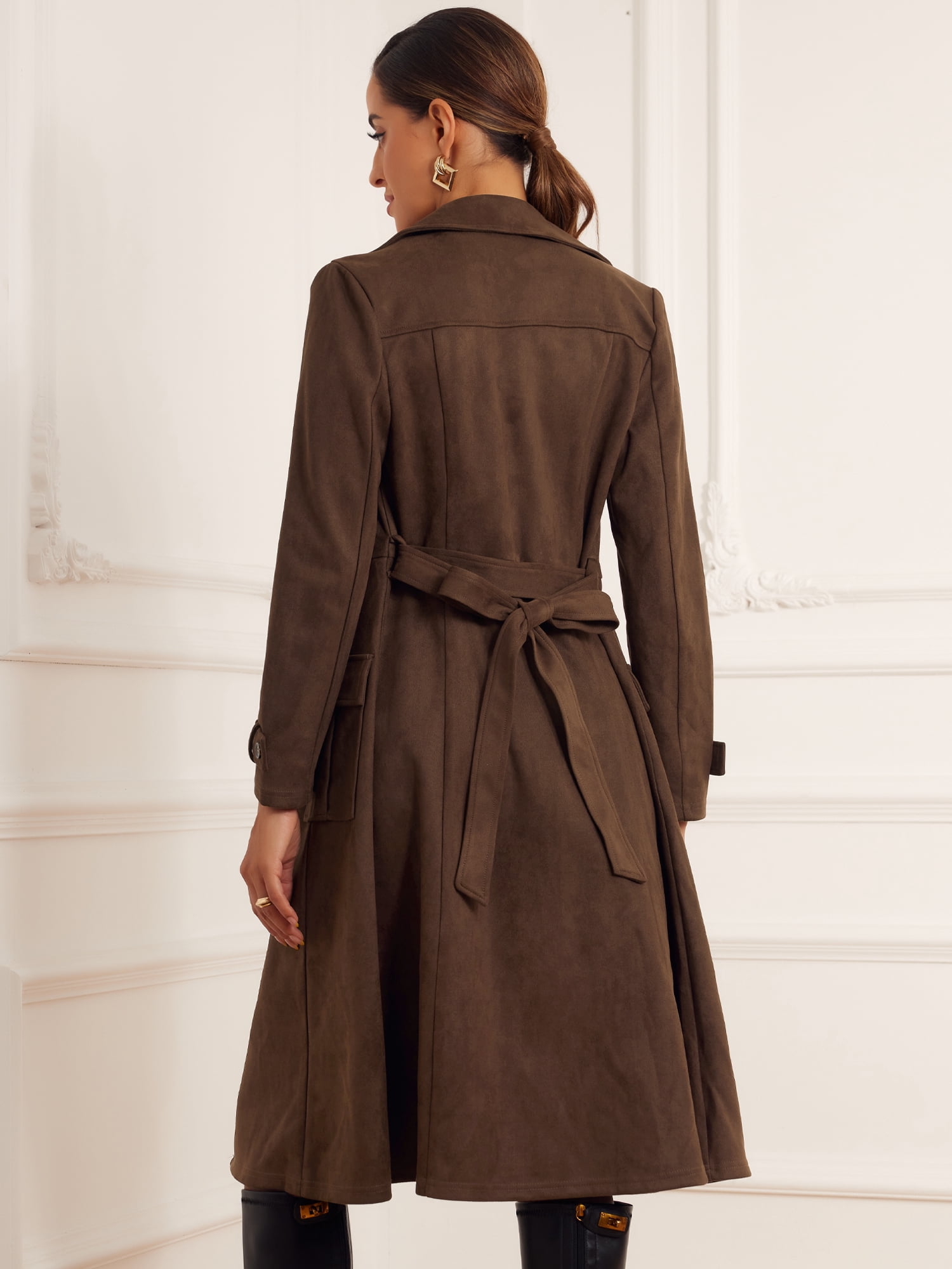 DARING DIVA Women's Long Faux Suede Fall Winter Trench Coat with Pockets S Dark Coffee