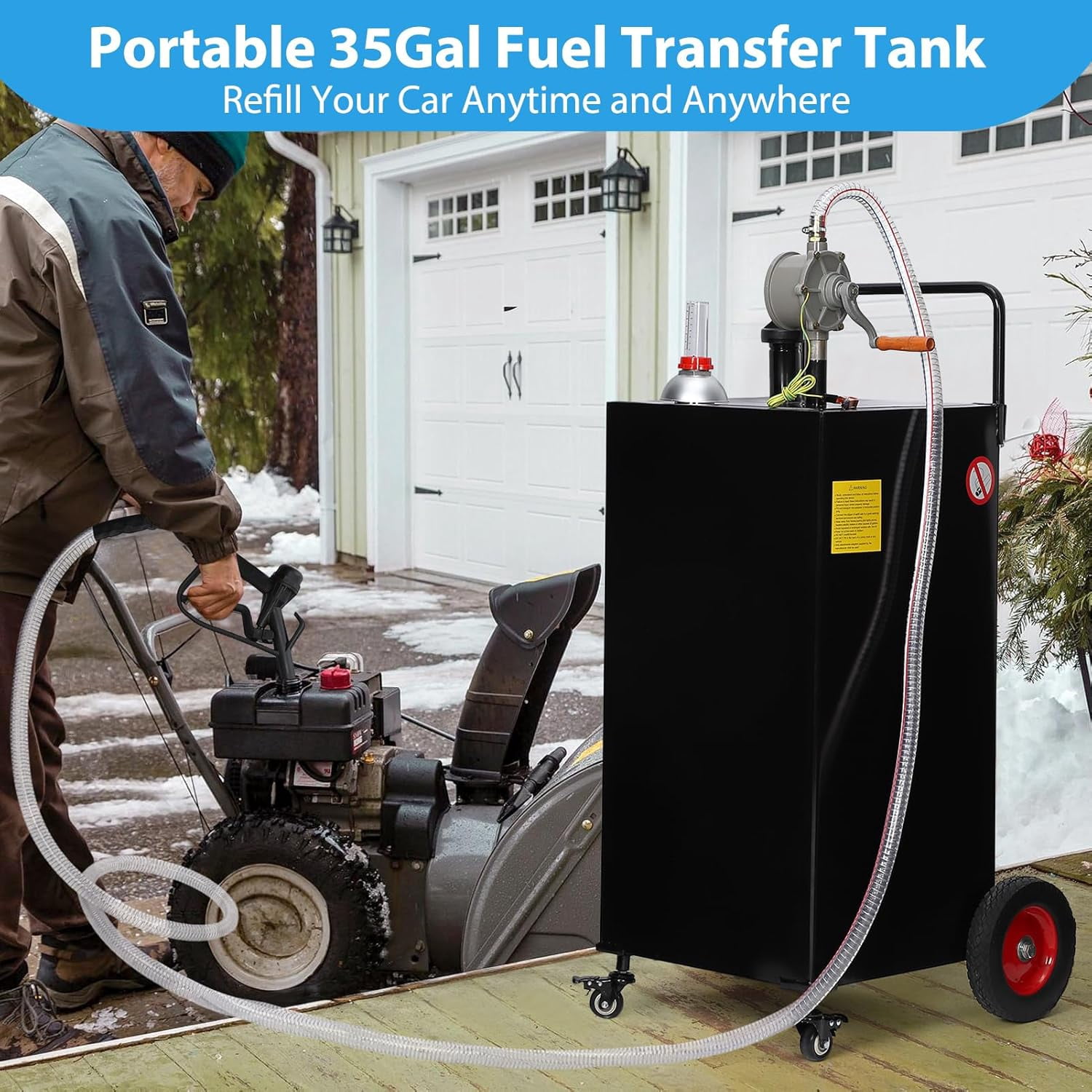 EastVita 35 Gallon Fuel Caddy Fuel Tank with Manual Transfer Pump for Gasoline and Diesel Durable 4-Wheel Design Mobile Fuel Storage for Cars Trucks Boats Lawn Mowers Black