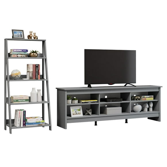 Madesa Ensemble de Meuble Télé et Étagère Échelle 2 Pcs : Centre de Divertissement de 70 Pouces avec Gestion des Câbles et Étagères Ouvertes + Étagère Échelle 5 Niveaux de 24 Pouces pour Rangement, Bureau, Salon et Chambre – Gris