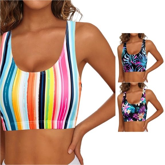 XIAONU Crew Neck Swim Bra for Women Striped Printed Summer Ocean Beach Bikini Bustiers