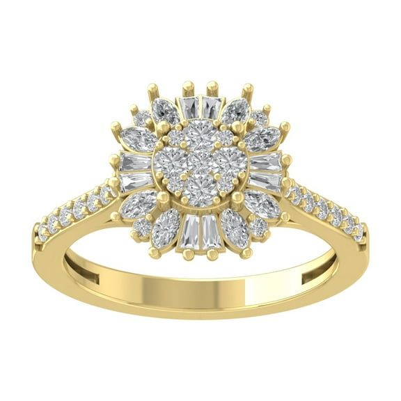 ARAIYA FINE JEWELRY 10K Yellow Gold Round Baguette and Marquise Lab Grown Diamond Halo Flower Shape Ring (1 cttw, D-F Color, VS Clarity), Size 7