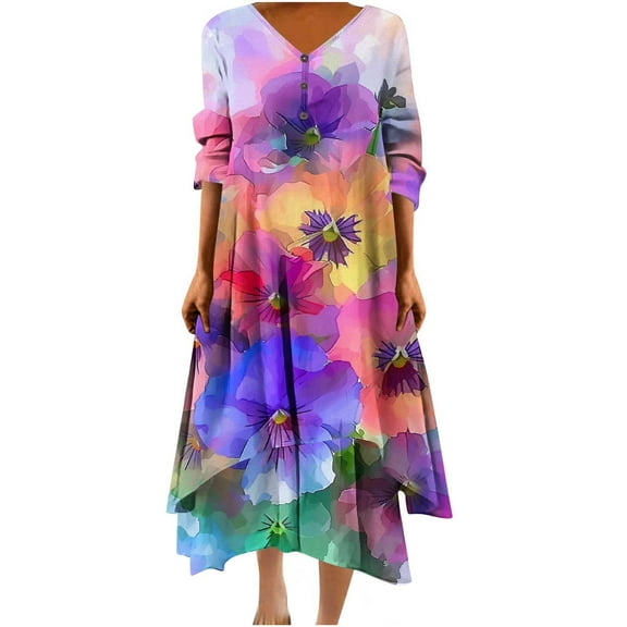 asdoklhq Hawaiian Dresses for Women Casual Loose Printed Irregular Buttoned Hem-Neck 3/4 Sleeve Dresses Purple 3X
