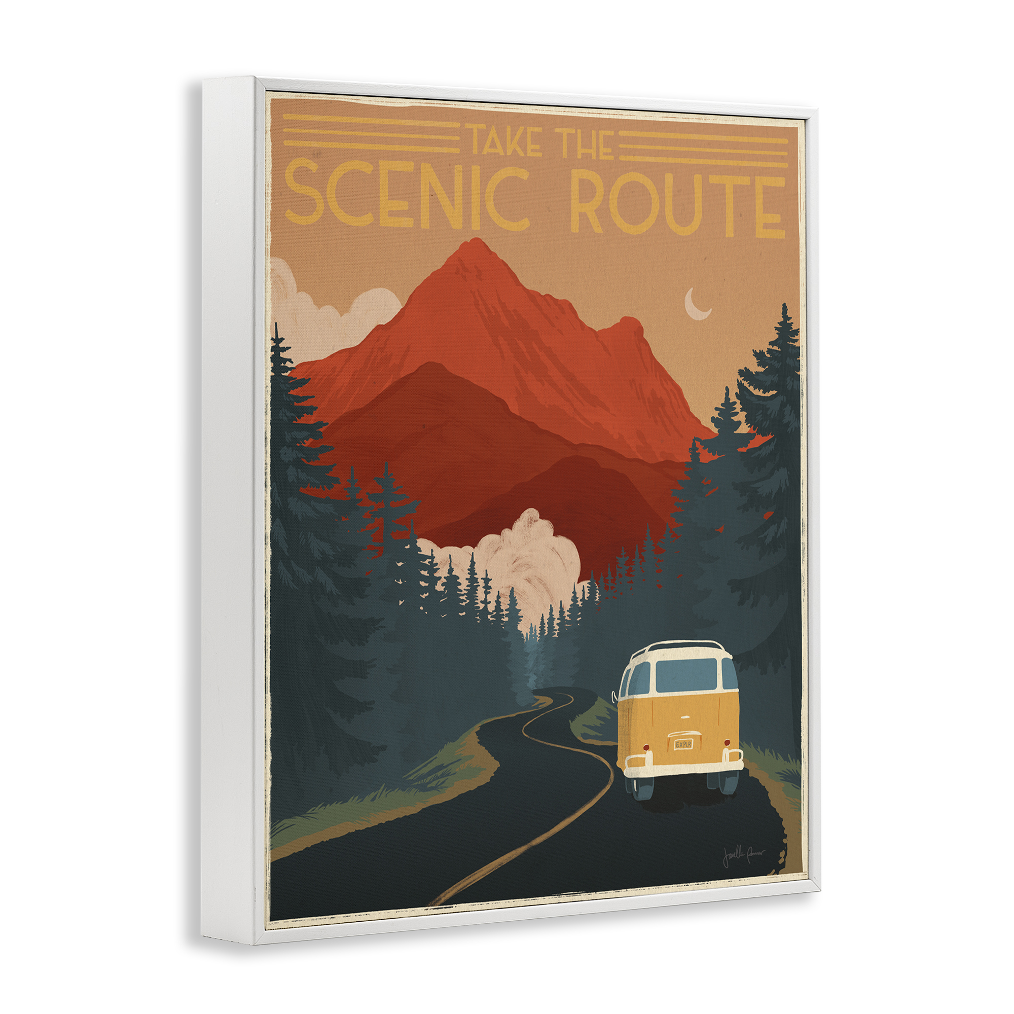 Take the Scenic Route Phrase Retro Mountain Travel White Framed Giclee Art, 11 x 14