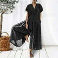 thumbnail image 2 of ShomPort Baggy Cotton Linen Jumpsuit for Women Summer Lapel Short Sleeve Wide Leg Breathable Rompers, 2 of 5