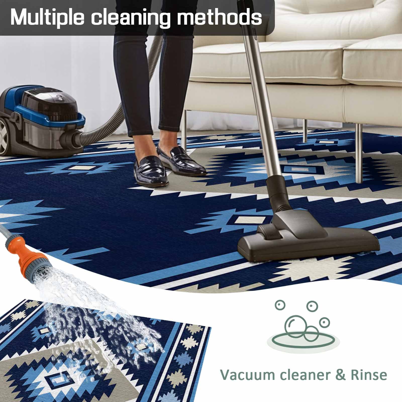 Fsddascl Blue Boho Outdoor Rug for Patio/Deck/Porch, Non-Slip Large Area Rug 4 x 6 Ft, Farmhouse Neutral Abstract Geometric Motifs Indoor Outdoor Rugs Washable Area Rugs, Camping Rug Carpet Runner