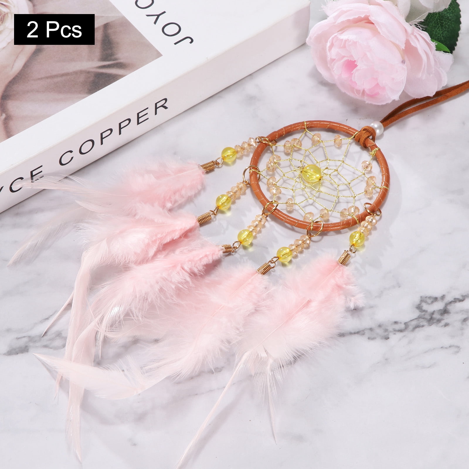 Unique Bargains Dream Catchers Handmade Feather Dreamcatcher with Crystal Beads Red