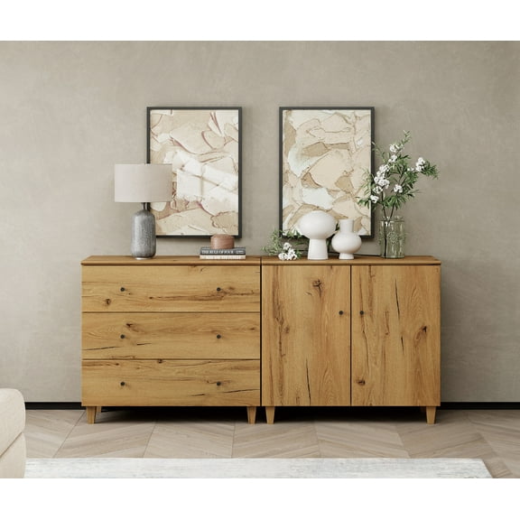 WAMPAT Wood Dresser with 3 Drawers and 1 Cabinet for Bedroom, Modern Chest of Drawer, 71" Wide, Oak Brown Wood Finish