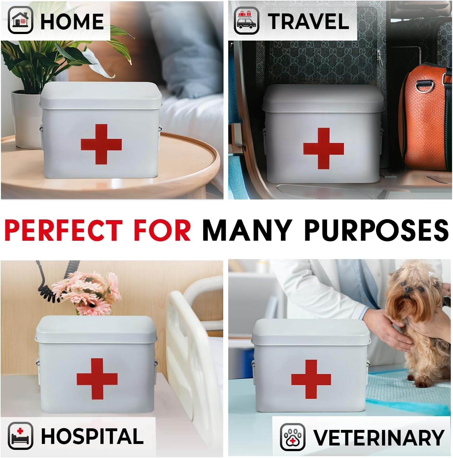 Plexon First Aid Kit, First Aid Supplies Bin, 8.5" Metal Medicine Storage Tin with Lid, First Aid Box Organizer, White