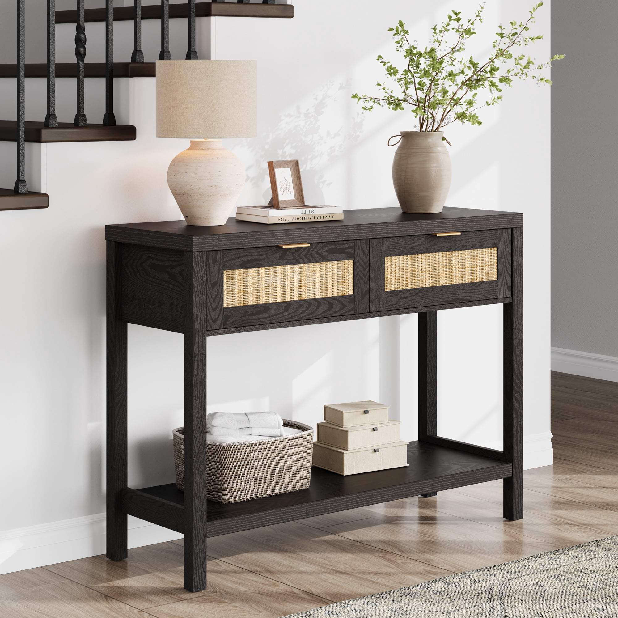 SICOTAS 39.4 Inch Wide Rattan Console Table with 2 Drawers & Shelf, Boho Entryway table with Large Storage Capacity for Entrance Way, Hallway, Living Room - Black Oak