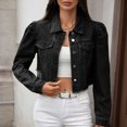 thumbnail image 2 of Cropped Jean Jackets for Women Fall Outwear Ripped Hem Denim Short Jacket Button Up Shackets Coat Long Sleeve (L, Black), 2 of 7