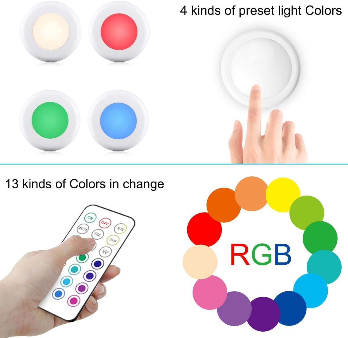 Puck Lights, Cadrim 13 Colors Changeable LED Puck lightings Battery Powered Dimmable Under Cabinet L