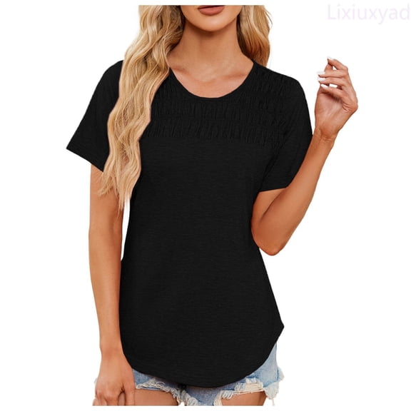 Lixiuxyad Women's Summer Tops Trendy Short Sleeve Shirts Smocked Crewneck Tee Trendy Casual,Black L