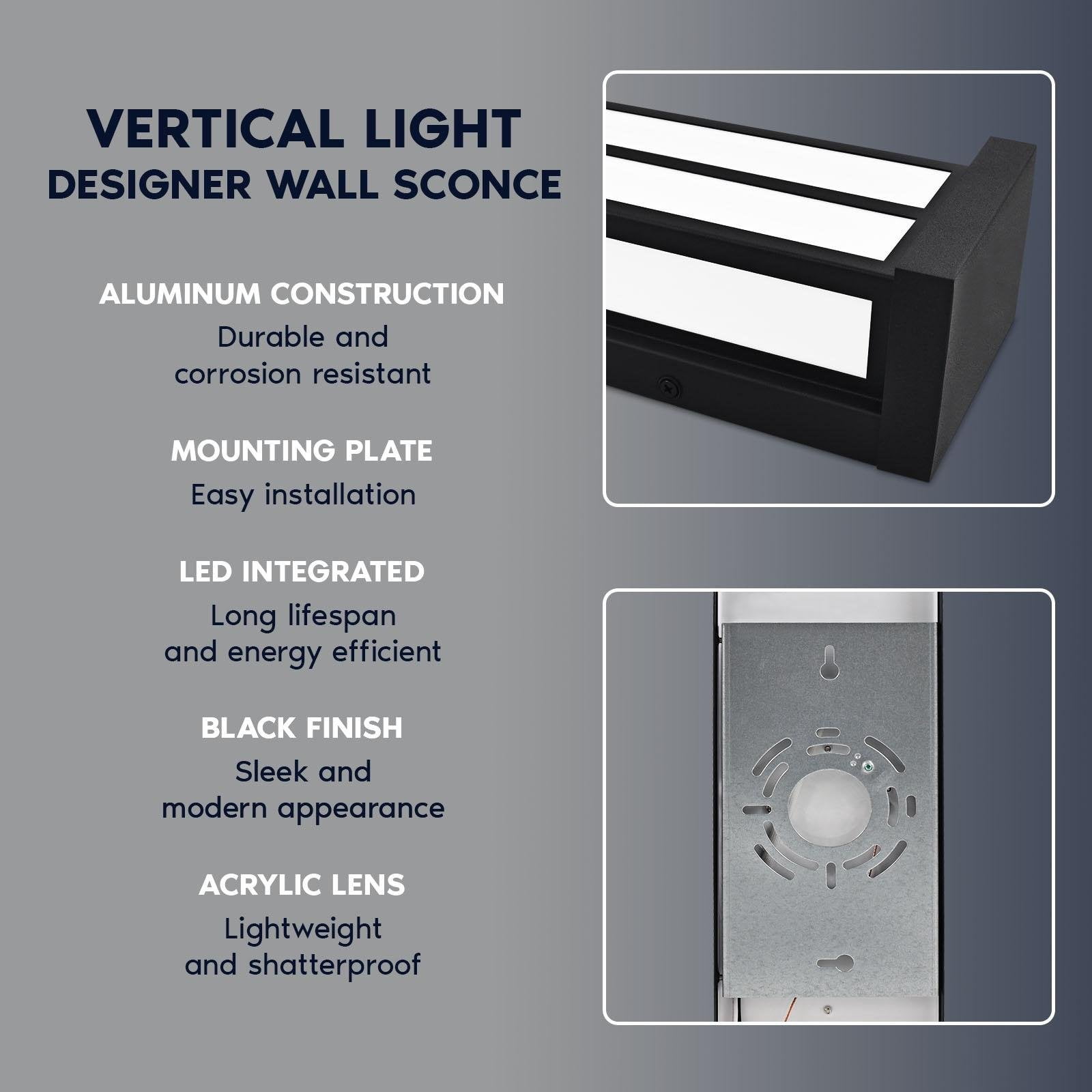 Luxrite LED Outdoor Wall Sconce, 16in Outdoor Wall Light, Black Aluminum, 3CCT 3000K 4000K 5000K, 15W, ETL Listed, IP65