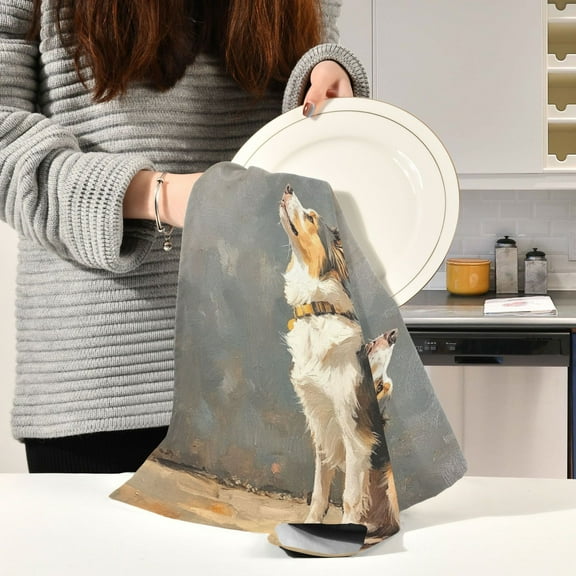 BZSMCE Kitchen Towels Creative Light Brown and White Dog Look Up Pattern Durable Kitchen Towel