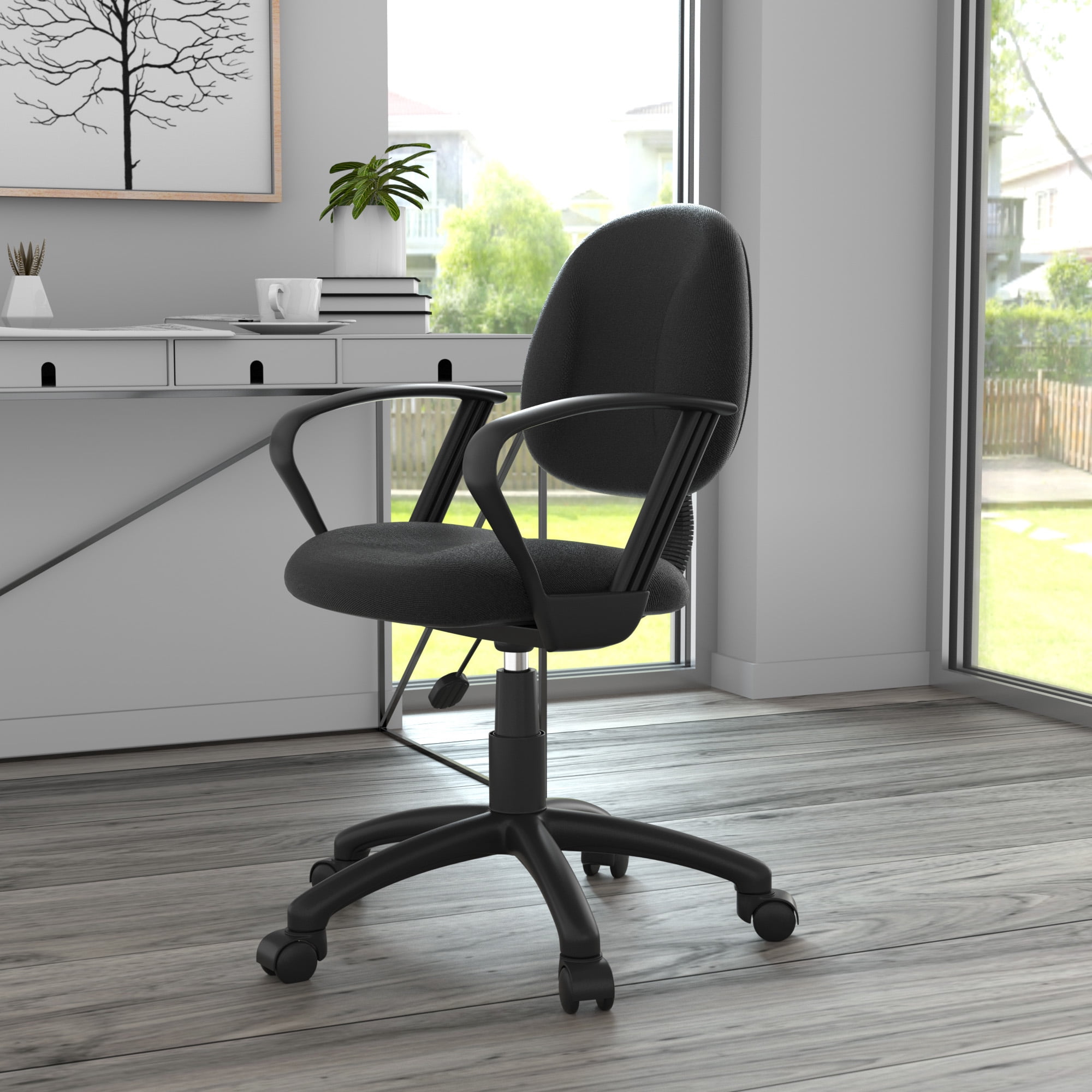 Boss Office Products Mid Back Ergonomic Fabric Office Swivel Chair With Arms in Black