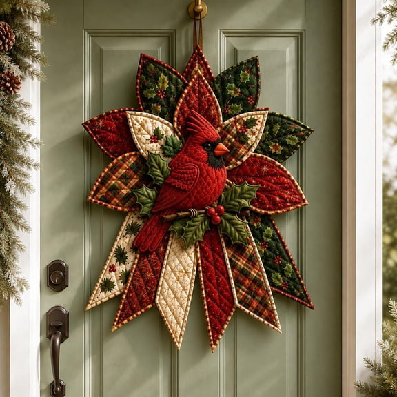 Festive Quilted Christmas Door Hanging DIY Sewing Kit,Scarlet Cardinal Song | 3D Padded Patchwork Sewing Set for Beginners, DIY Quilted Christmas Tree Kit, Gift for Craft Lovers, A