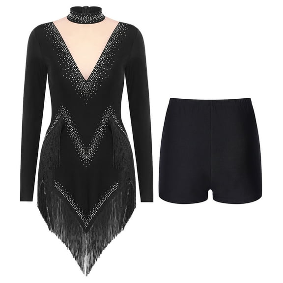 TiaoBug Women Latin Dance Costume Shiny Rhinestones Tassels Leotard Dress with Shorts Black M