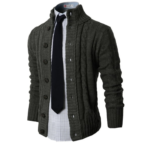 H2H MENS HIGH NECK TWISTED KNIT CARDIGAN SWEATER WITH BUTTON DETAILS CHARCOAL US 2XL/ASIA 3XL (KMOCAL020)
