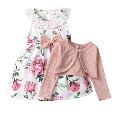 

Kucnuzki Infant Baby Girl Clothes 6 Months Winter Dress 9 Months Sleeveless Floral Prints Skirt Layer Cozy Dress+Cardigan 2PCS Set Pink