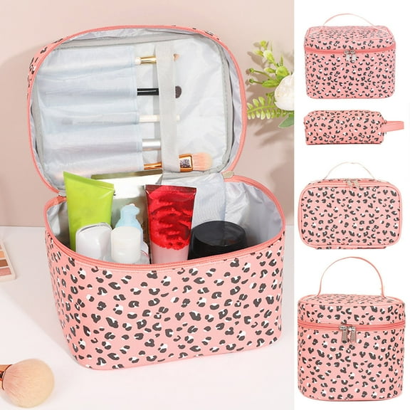 FAMTKT Large Capacity Travel Makeup Bag, Portable Cosmetic Bag Imitation Leather Osmetic Bag Large Opening Designs Makeup Organizer Bag, Cosmetic Bag