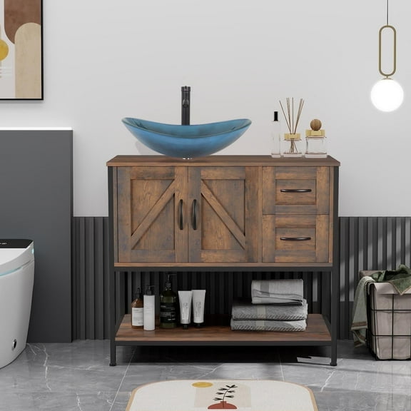 ELECWISH Bathroom Vanity, 36" Bathroom Vanity with Sink Combo Set, Dark Brown Modern Wood Bathroom Cabinet with White Ceramic Bathroom Sink