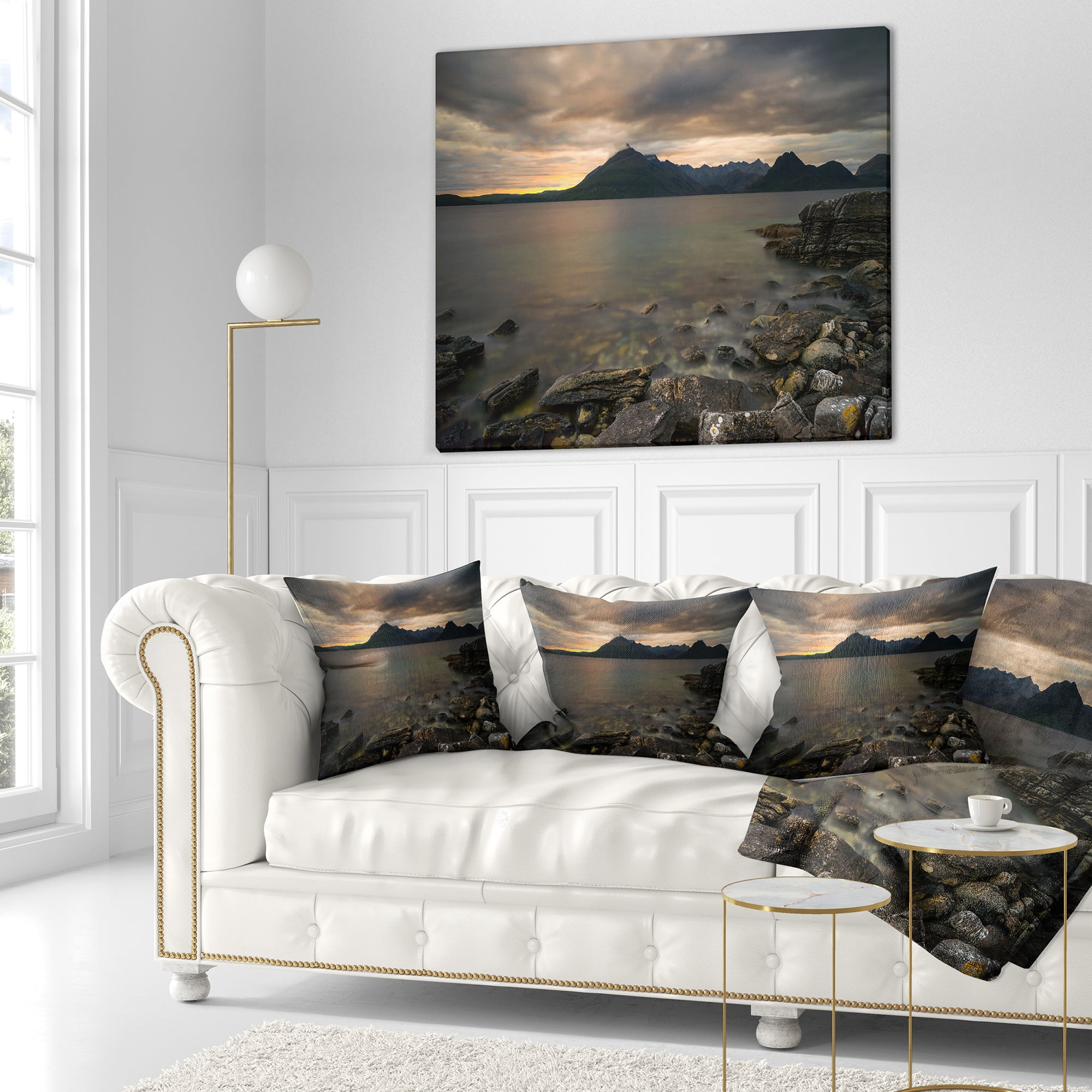 Designart Rocky coastline of Loch Scavaig - Contemporary Landscape Printed Throw Pillow - 16x16