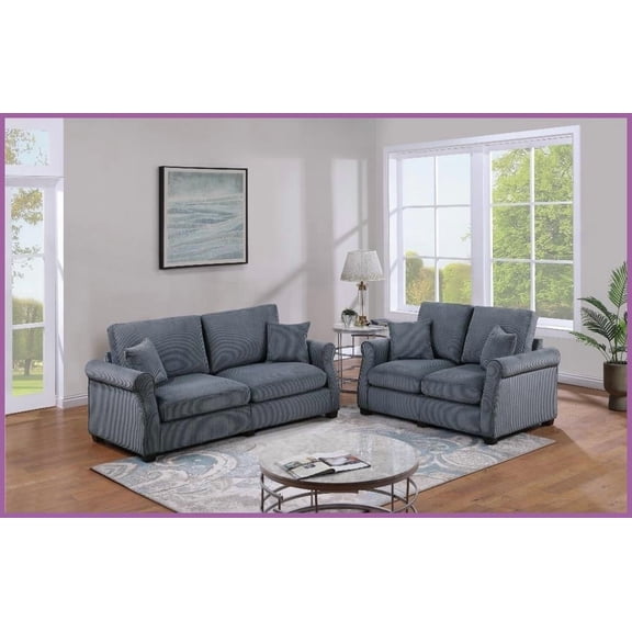 Dark Gray Corduroy 2pc Sofa Set – Contemporary Plush Living Room Couch & Loveseat with Pillows