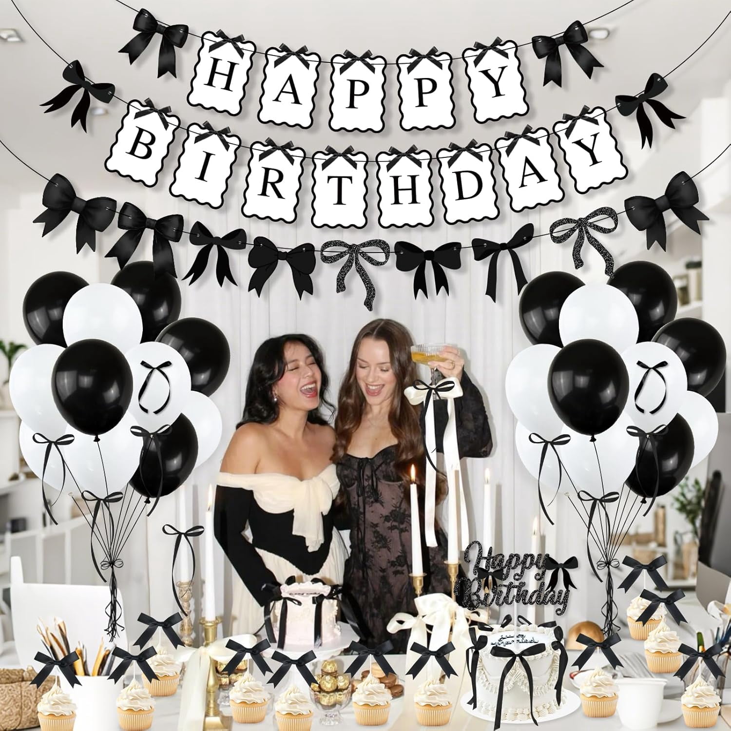 Black Bow Birthday Party Decorations, Bows Happy Birthday Banner Garland, Ribbon Bow Cake & Cupcake Toppers, Black White Balloons and Satin Ribbon for Women Girls Bows Party Decor