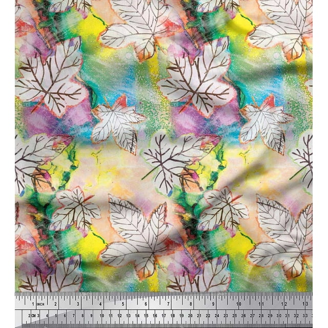 Soimoi Japan Crepe Satin Fabric Texture & Maple Leaves Print Sewing Fabric Yard 42 Inch Wide