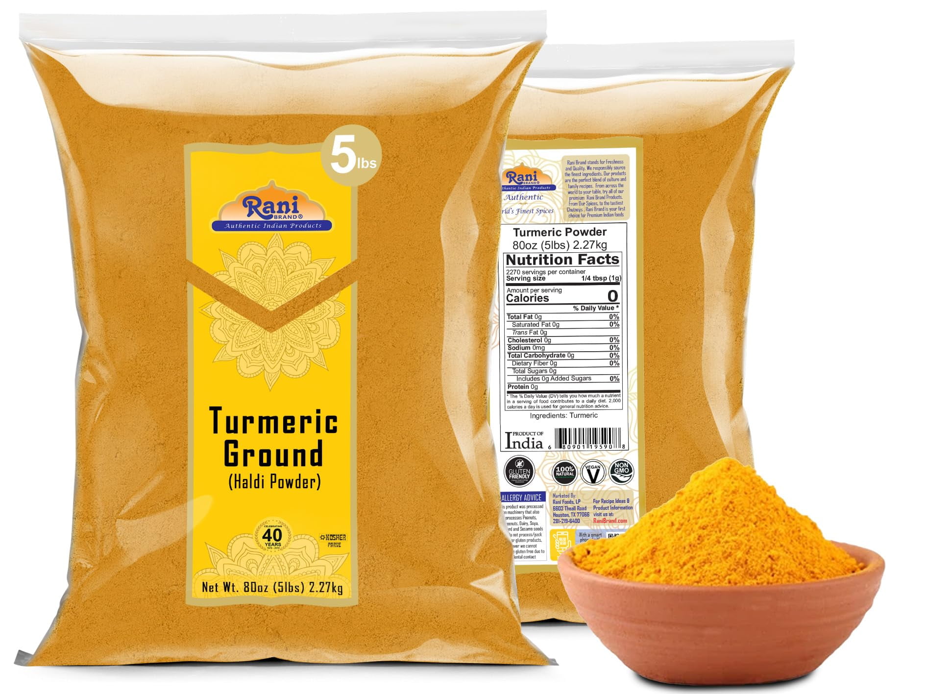 Rani Turmeric Root Powder Spice, Haldi (High Curcumin Content) 80oz (5lbs) 2.27kg Bulk ~ All Natural | 100% Pure, Salt Free | Vegan | Gluten Friendly | NON-GMO | Kosher | Indian Origin