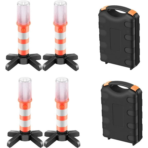 4 Pcs Led Emergency Roadside Flare Strobe Light，3 in 1 Road Warning Beacon Flare with Detachable Magnetic Base and Storage Case, for Traffic Roadblocks Camping Hiking Fishing Field Rescue