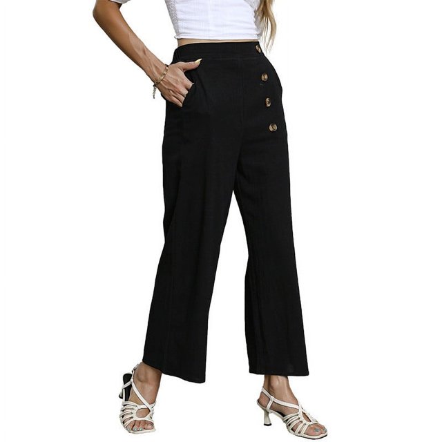 Pantalons pour Femmes Décontractés à la Mode Poches Solides Pantalons Doux Taille Haute Femmes Noir TG
