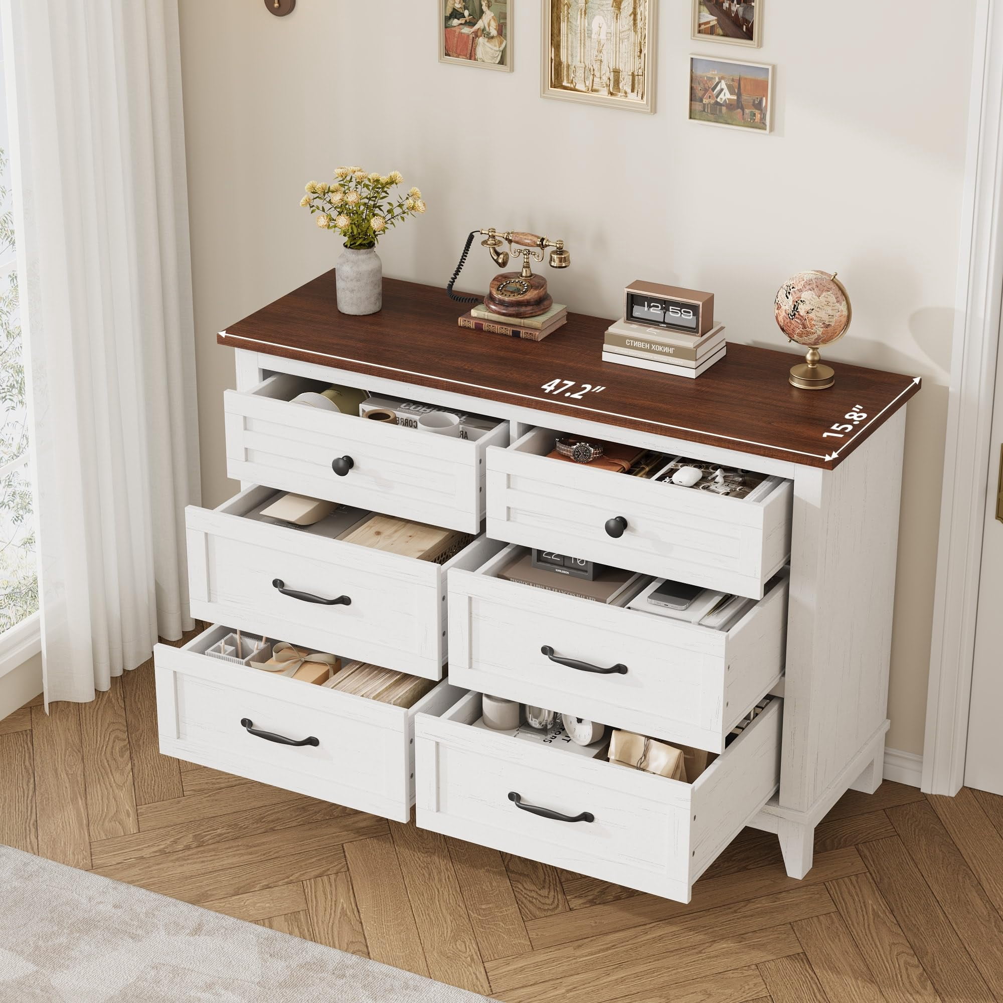 Towallmark 47" Wide Dressers for Bedroom 6 Drawers Wooden Dresser Storage Chest of Drawers for Living Room,Entryway,Brown & White