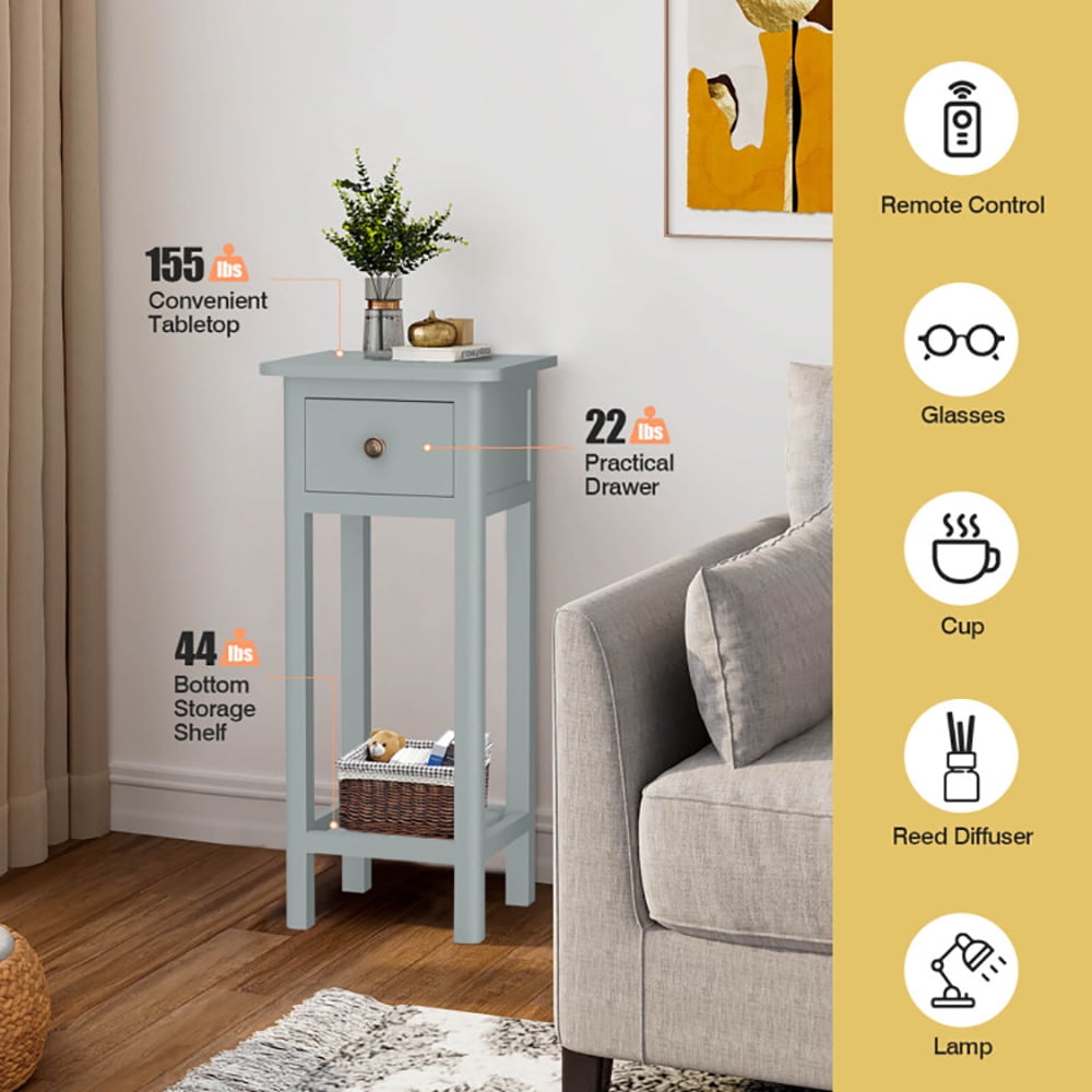 Finihen End Side Table, Nightstand, 2 Tier Slim Nightstand Bedside Table with Drawer Shelf, Sofa Side Table, Bed Side Table, for Living Room, Bedroom, Gray Finihen End Side Table, Nightstand, 2 Tier Slim Nightstand Bedside Table with Drawer Shelf, Sofa Side Table, Bed Side Table, for Living Room, Bedroom, Gray