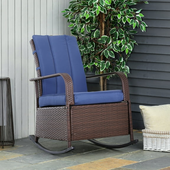 Outsunny PE Rattan Rocking Recliner with Footrest, Blue