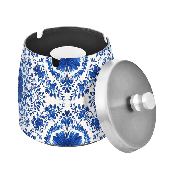 Blue and White Porcelain Pattern Ashtray with Lid Outdoor for Patio Stainless Steel Cigar Ashtray Odorless Smokeless for Home Office Balcony