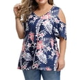 thumbnail image 3 of Camisa de mujer Blusa estampada con hombros descubiertos y manga corta con cuello en V, Azul marino, 5XL Methold AP002468-25, 3 of 5