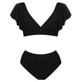 thumbnail image 4 of Wuxian Women 2 Piece Bikini Set Solid Color Swimwear Short Puff Sleeve Square Collar Crop Top Push Up Bra High Waist Ruffled Lace Up Fashionable Cozy Bathing Suit Swimsuit,Black,L, 4 of 4