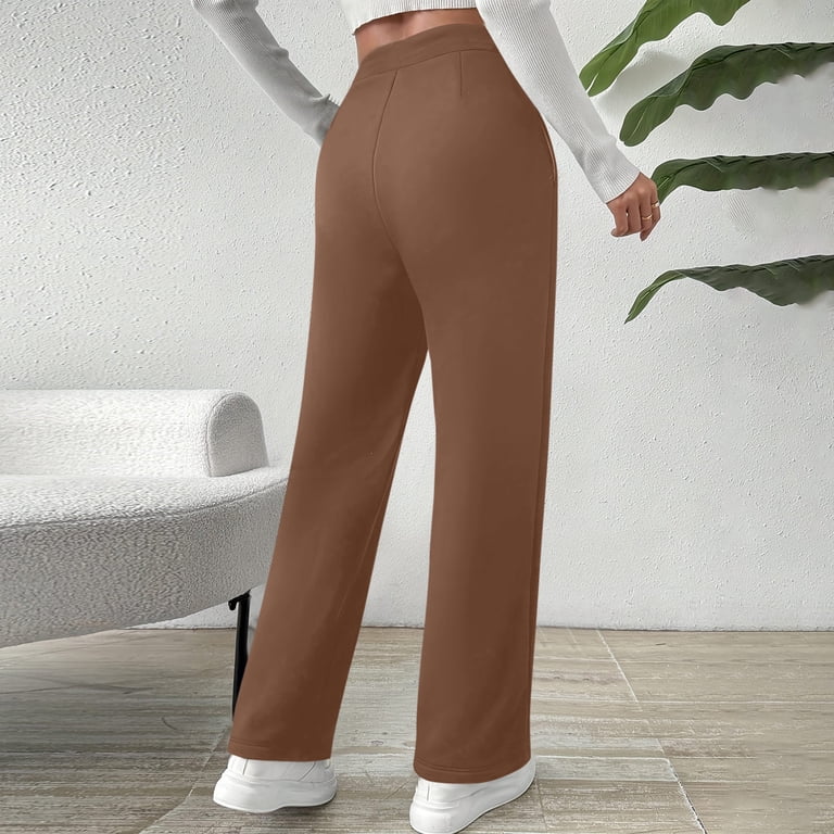 Qulqfy Pants for Women Brown Work Casual Dress Office Pants Tall High Waisted Fall Wide Leg Pants for Women