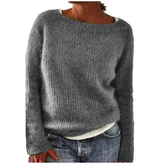 RMGVDSD Women's Knitted Sweater Vintage Long Sleeve Boat Neck Retro Lightweight Pullover Top For Fall Winter Solid Color Casual Pullovers Jumpers /Grey