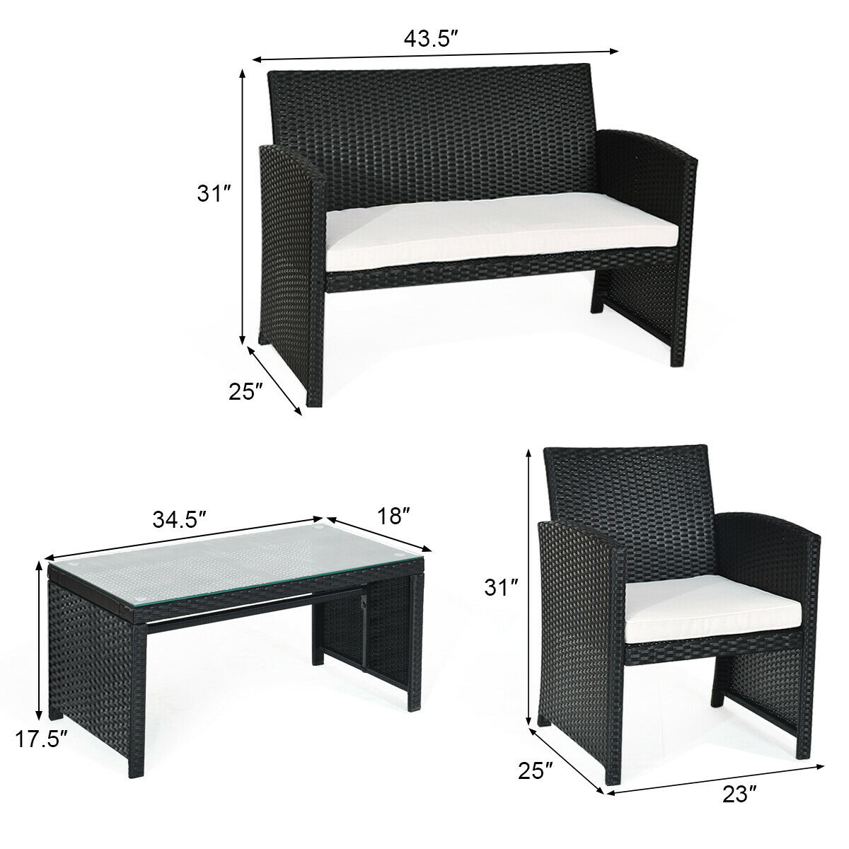 Costway 4PCS Patio Rattan Furniture Conversation Set Cushioned Sofa Table Garden Black - image 2 of 9