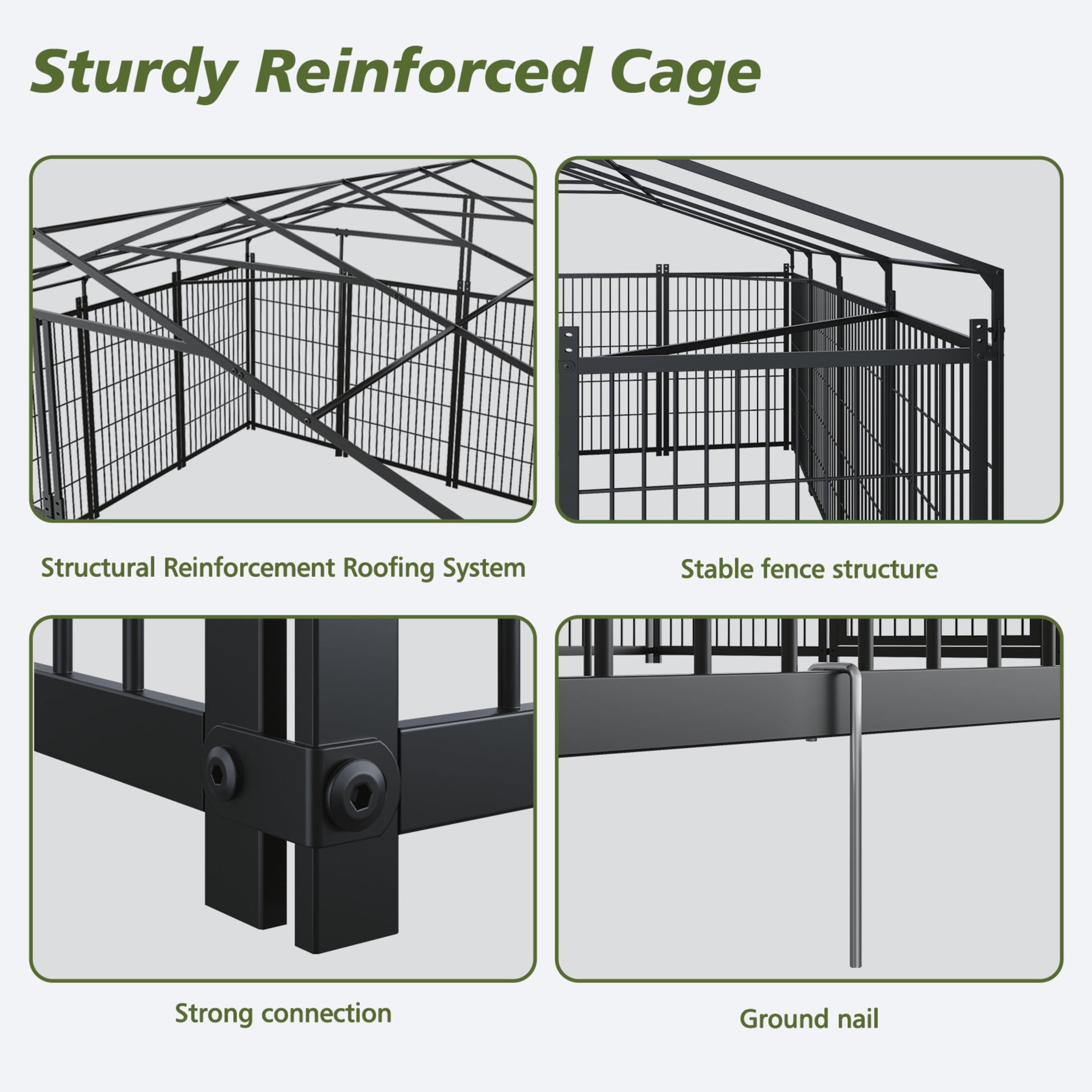 Noble House Large Outdoor Dog Kennel with Roof Cover, Metal Pet Pens 18.9'L x 9.61'W x 6.76'H, Black