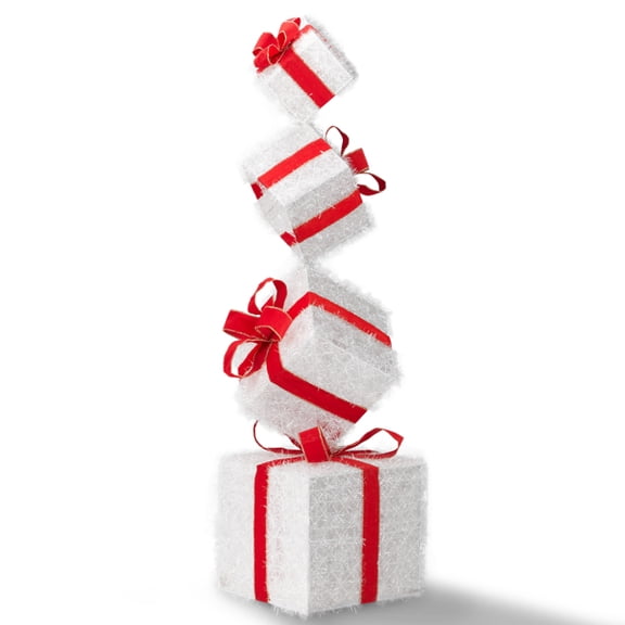 Alvantor 3 ft Lighted Gift Box Tower Christmas Decorations with 80 Warm White LED Lights, Red and White