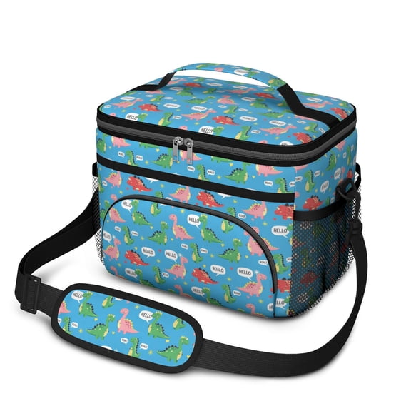 Dinosaur and Speech Bubble Bright Insulated Lunch Box for Women Men, Medium Leakproof Cooler Bag with Adjustable Strap, 10"x6.7"x8"