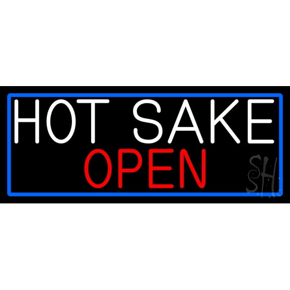 Hot Sake Open With Blue Border LED Neon Sign 13 x 32 - inches, Clear Edge Cut Acrylic Backing, with Dimmer - Bright and Premium built indoor LED Neon Sign for Bar decor.