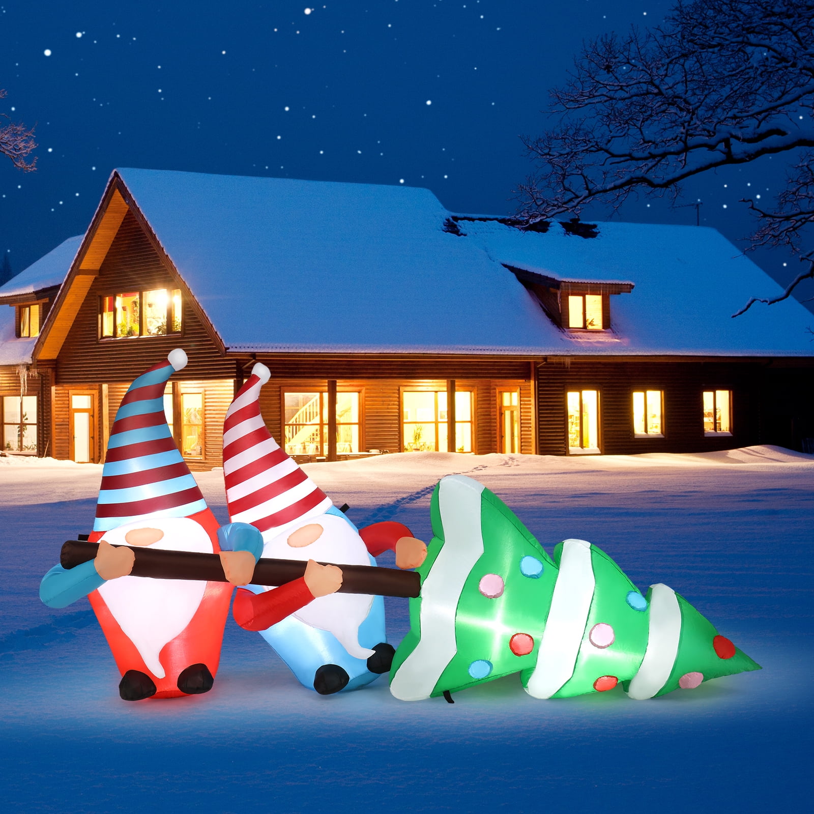 7 FT Lighted Christmas Inflatable Decoration, Inflatable Gnomes Pulling Christmas Tree, Funny Blow Up Yard Decorations with Built-in LED Lights for Holiday Party Front Yard Lawn Garden Decor