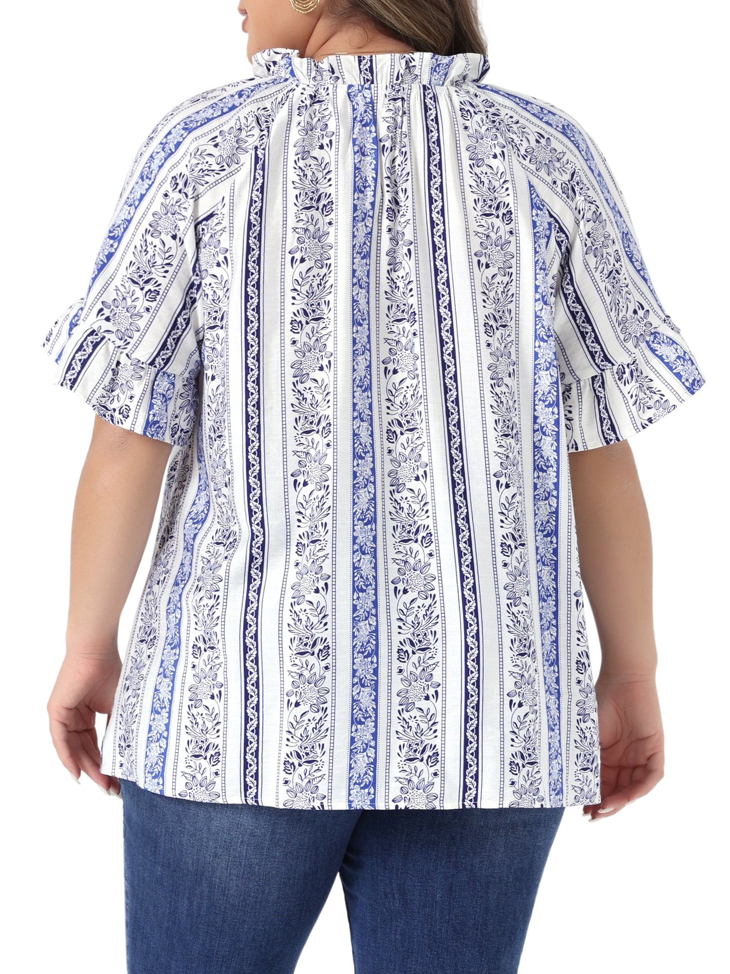 DARING DIVA Women's Plus V Neck Floral Print Summer Shirt Loose Fit Blouses 3X Blue